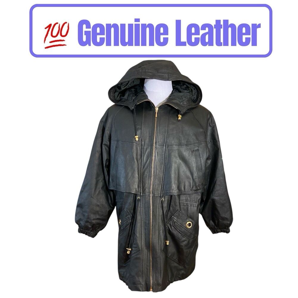 Vintage 90s GIII Leather Jacket Coat Hooded Parka Full Zip Men’s Large Vented